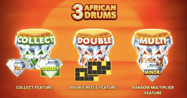 Landing page for 3 African drums, an online slot from 3 Oaks Gaming